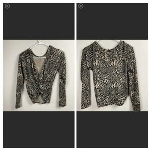 Poof Women Fleece V-neck Twist Top Sweater Size SMALL Animal Print NWT